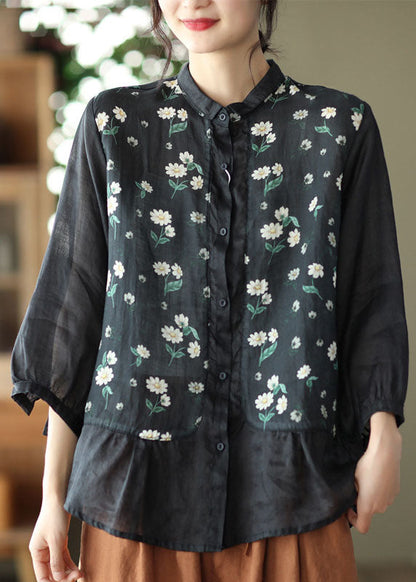 Black Print Patchwork Linen Shirt Three Quarter Sleeve