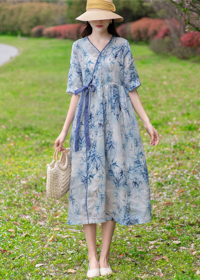 Light Blue V Neck Print Tie Waist Linen Holiday Dress Half Sleeve