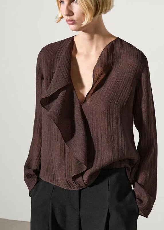 French Coffee Ruffled Patchwork Shirts Fall
