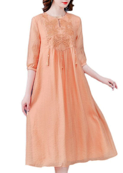 Orange Tasseled Embroideried Patchwork Silk Dress Half Sleeve