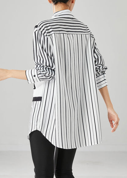 White Striped Patchwork Cotton Shirt Top Fall