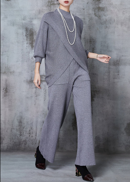 Grey Asymmetrical Design Knit Two Pieces Set Batwing Sleeve Winter