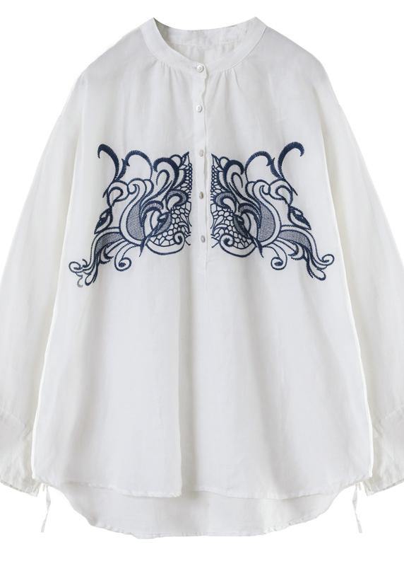 Art White Embroidery Tops Stand Collar Daily Spring Top