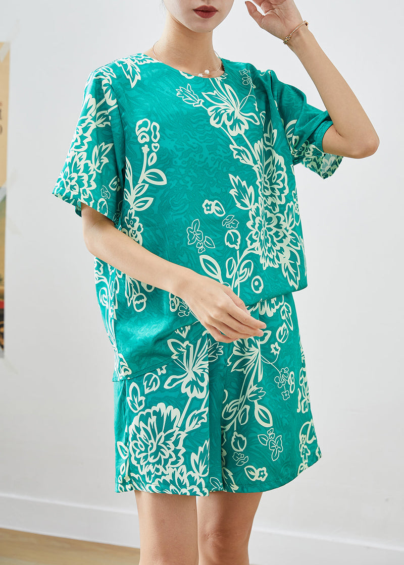Art Green O-neck Oversized Print Silk Two Pieces Set Summer