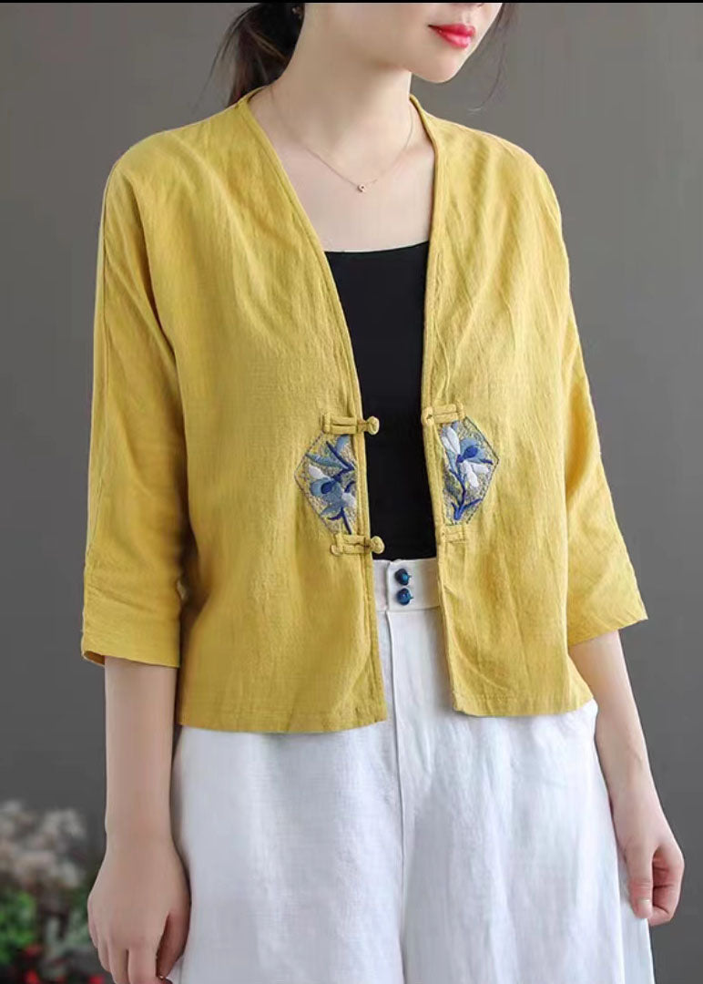 White Retro Embroideried Patchwork Summer Linen Blouse