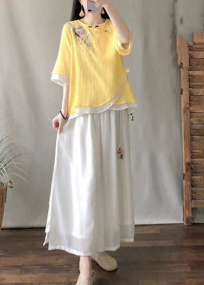 Yellow Embroideried Patchwork Linen Shirt Tops Summer