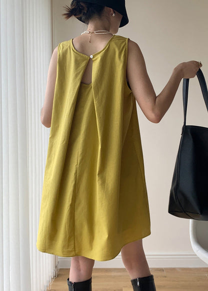 Yellow O Neck Patchwork Cotton Mid Dresses Sleeveless