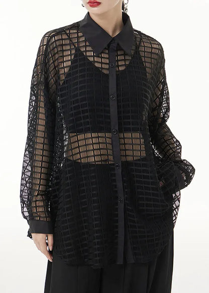 Black Peter Pan Collar Hollow Out Patchwork Lace Shirts Long Sleeve