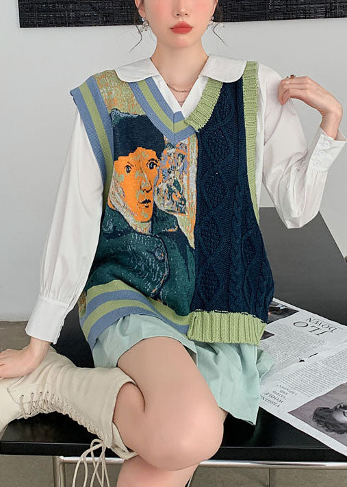 Diy Green V Neck Jacquard Cozy Fall Knit Vest