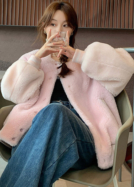 French Pink O-neck Patchwork Button Woolen Coats Winter