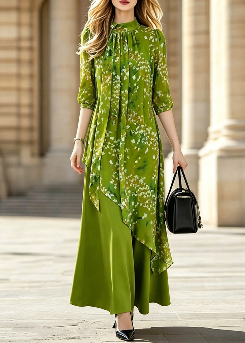 Stylish Green Asymmetrical Print Wrinkled Long Dresses Half Sleeve