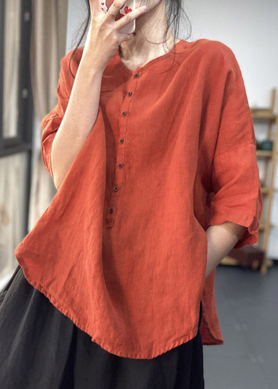 Italian Red O-neck Asymmetrical Design Linen Shirts Three Quarter Sleeve