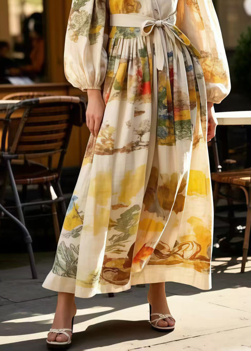 Apricot Tie Waist Print Cotton Holiday Dress Spring