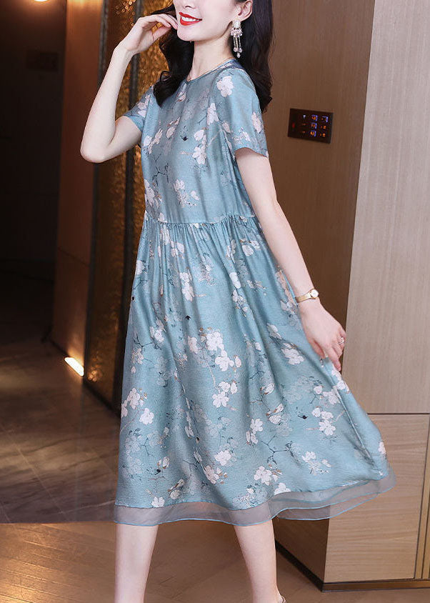 Slim Fit Light Blue O-neck Patchwork Print Silk Dress Summer