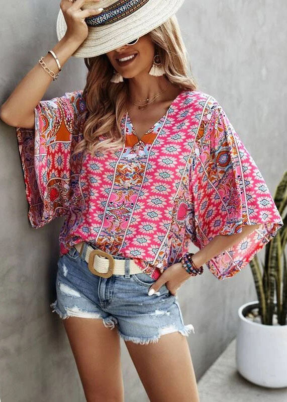 Pink V Neck Print Loose Tank Tops Short Sleeve