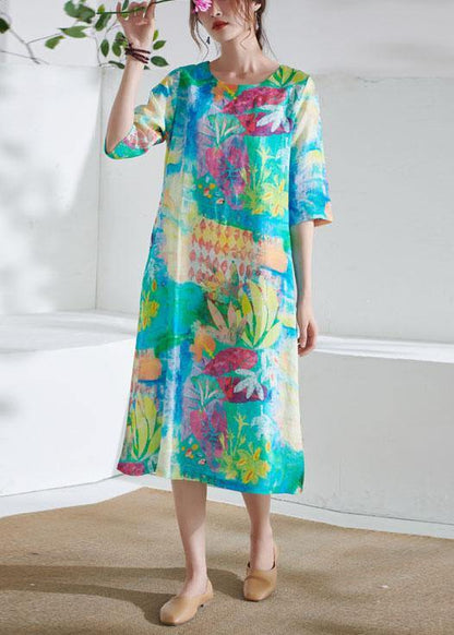 Comfy Blue O-neck Patchwork Print Summer Ramie Party Dress