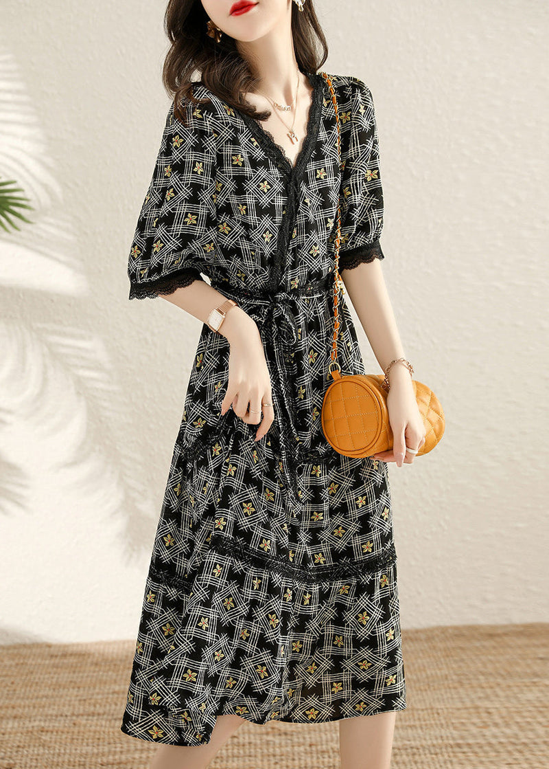 Black V Neck Print Tie Waist Cotton Long Dresses Half Sleeve