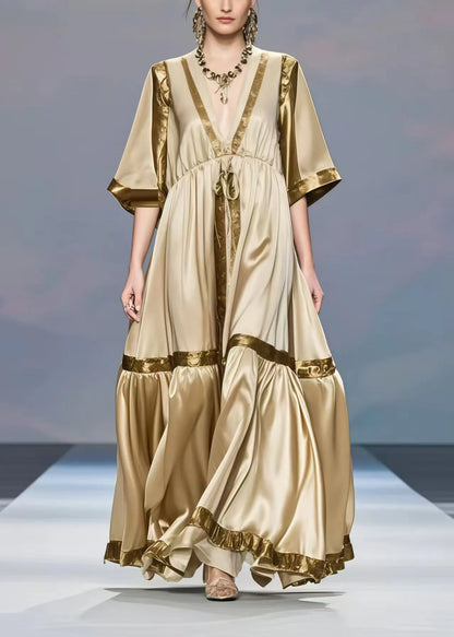 Khaki V Neck Patchwork Exra Large Hem Silk Long Dress Half Sleeve