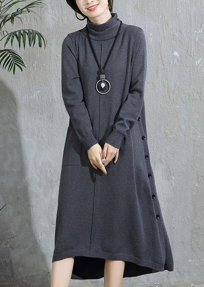 Grey Turtleneck Pockets Patchwork Woolen Sweater Dress Fall