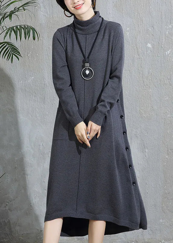 Grey Turtleneck Pockets Patchwork Woolen Sweater Dress Fall