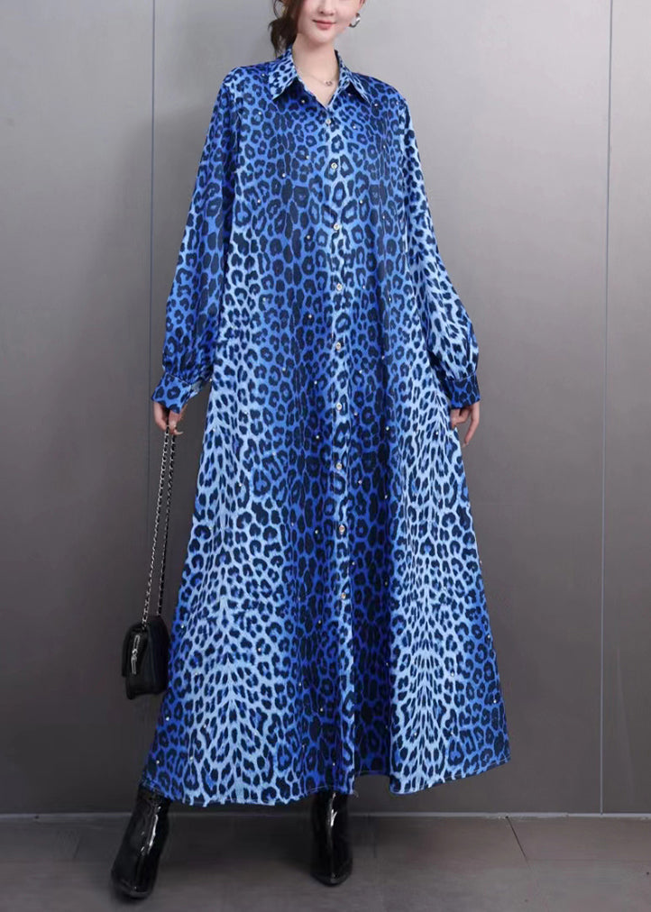 Modern Blue Leopard Print Button Maxi Shirts Dress Lantern Sleeve Fall