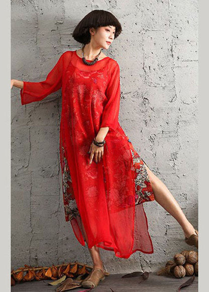 Red O-neck Print Cotton Two Pieces Set Spring