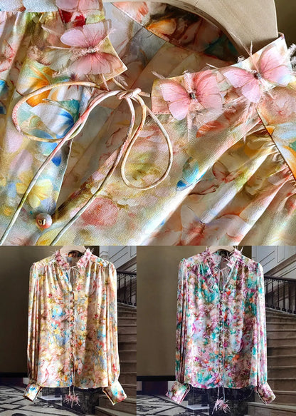Yellow Stand Collar Print Silk Blouse Top Spring