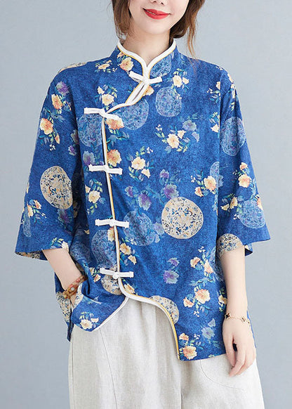 Blue Stand Collar Button Print Asymmetrical Design Fall Blouses Half Sleeve