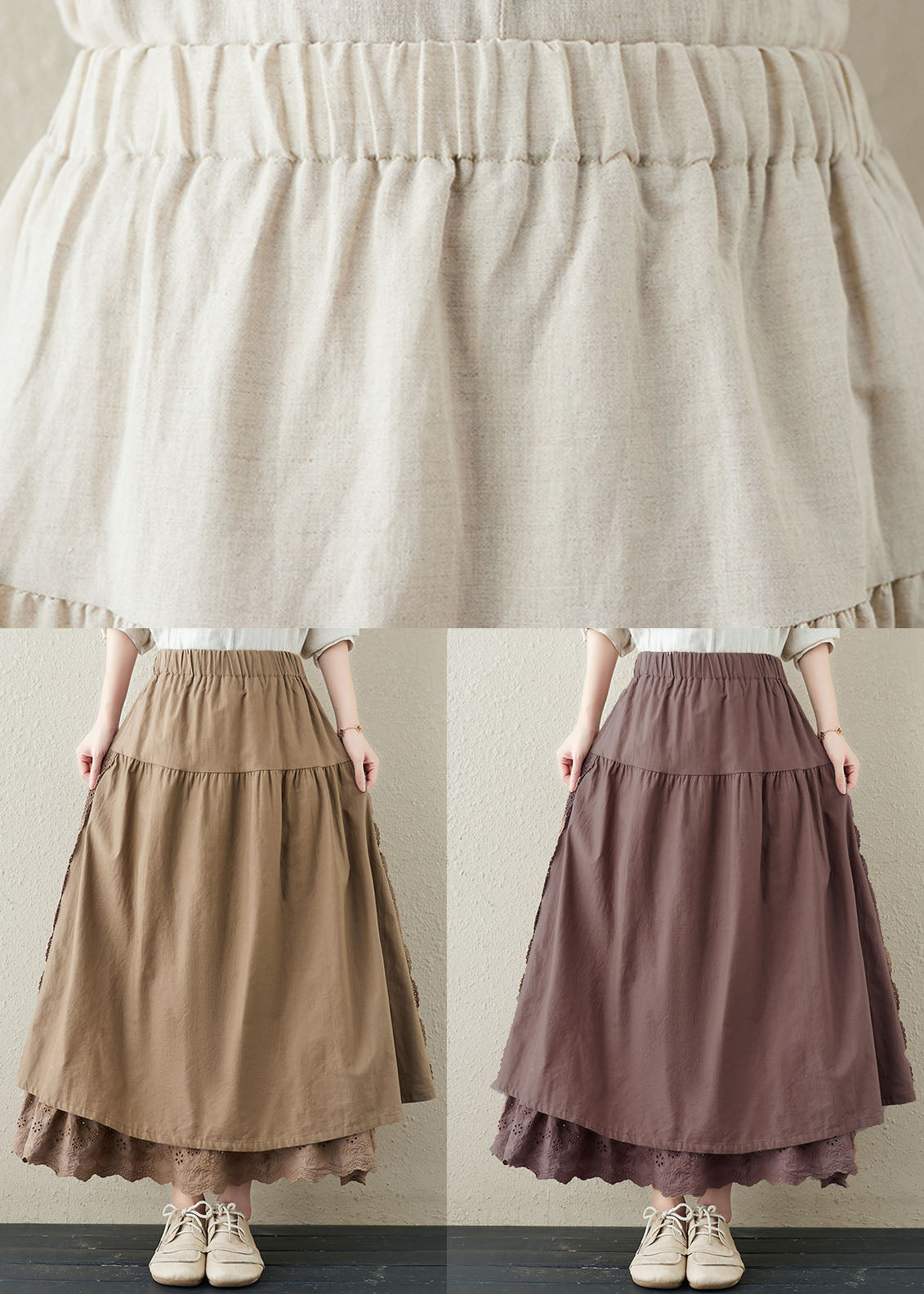 Khaki Elastic Waist Lace Patchwork Linen a Line Skirts Summer