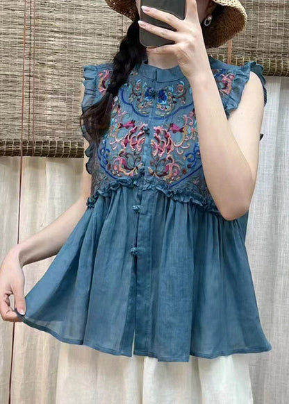 Simple Blue Embroideried Ruffles Button Linen Top Short Sleeve
