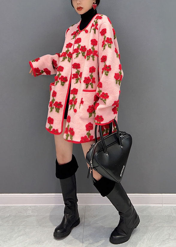 Pink Oversized Jacquard Fluffy Coats Spring