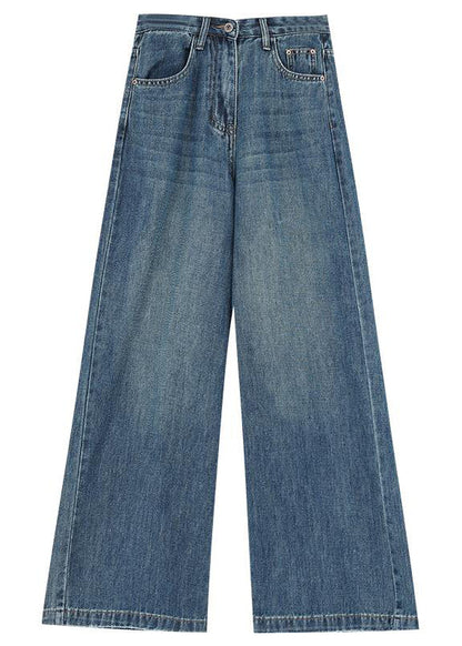 Blue Pockets High Waist Denim Wide Leg Pants Spring