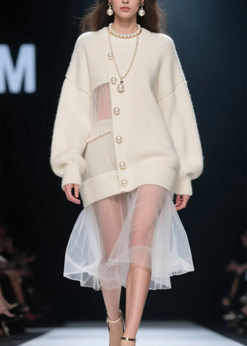 New Beige Nail Bead Tulle Patchwork Knit Sweaters Dress Fall