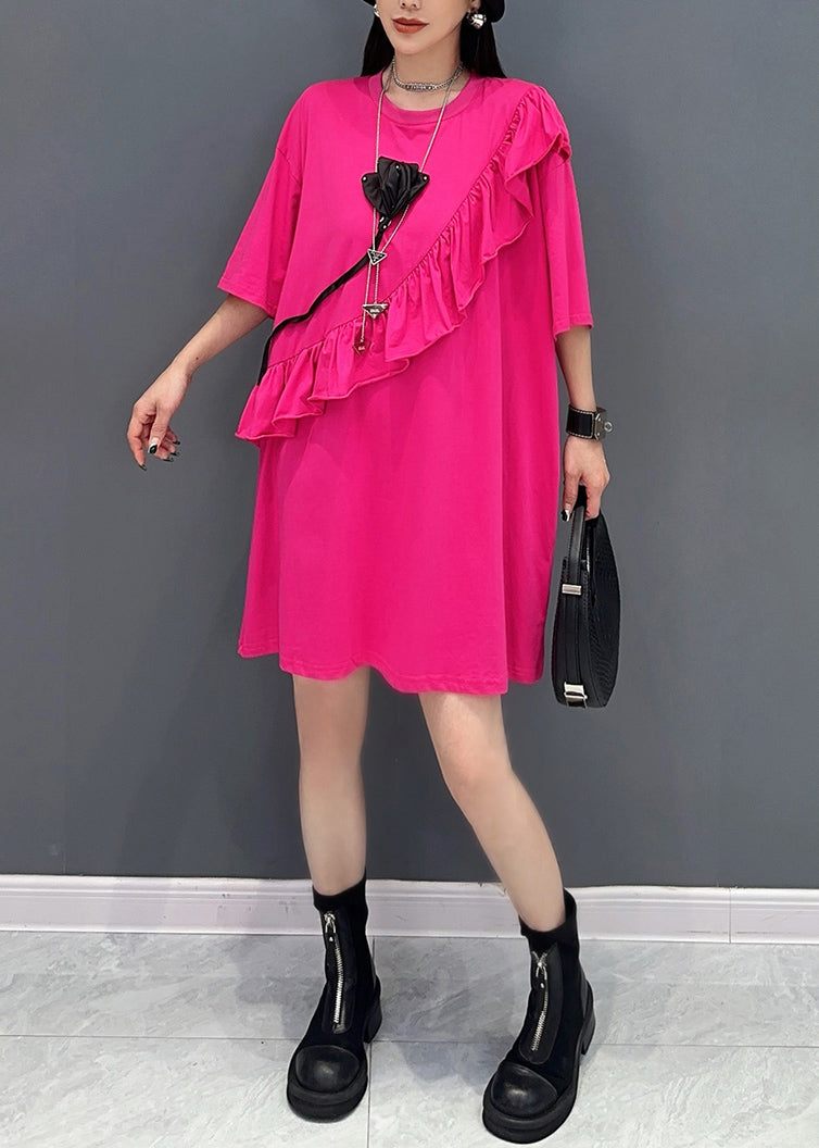 New Rose O-neck Ruffled Patchwork Tops Short Sleeve