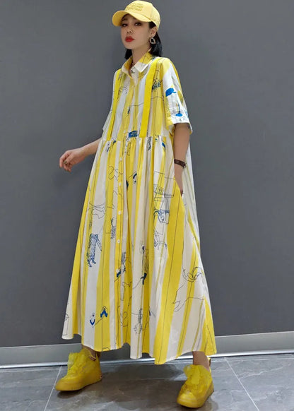 Yellow Cinched Striped Print Shirt Long Dresses Spring