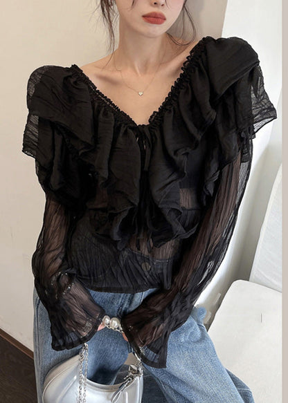 Black V Neck Ruffled Chiffon Shirts Long Sleeve