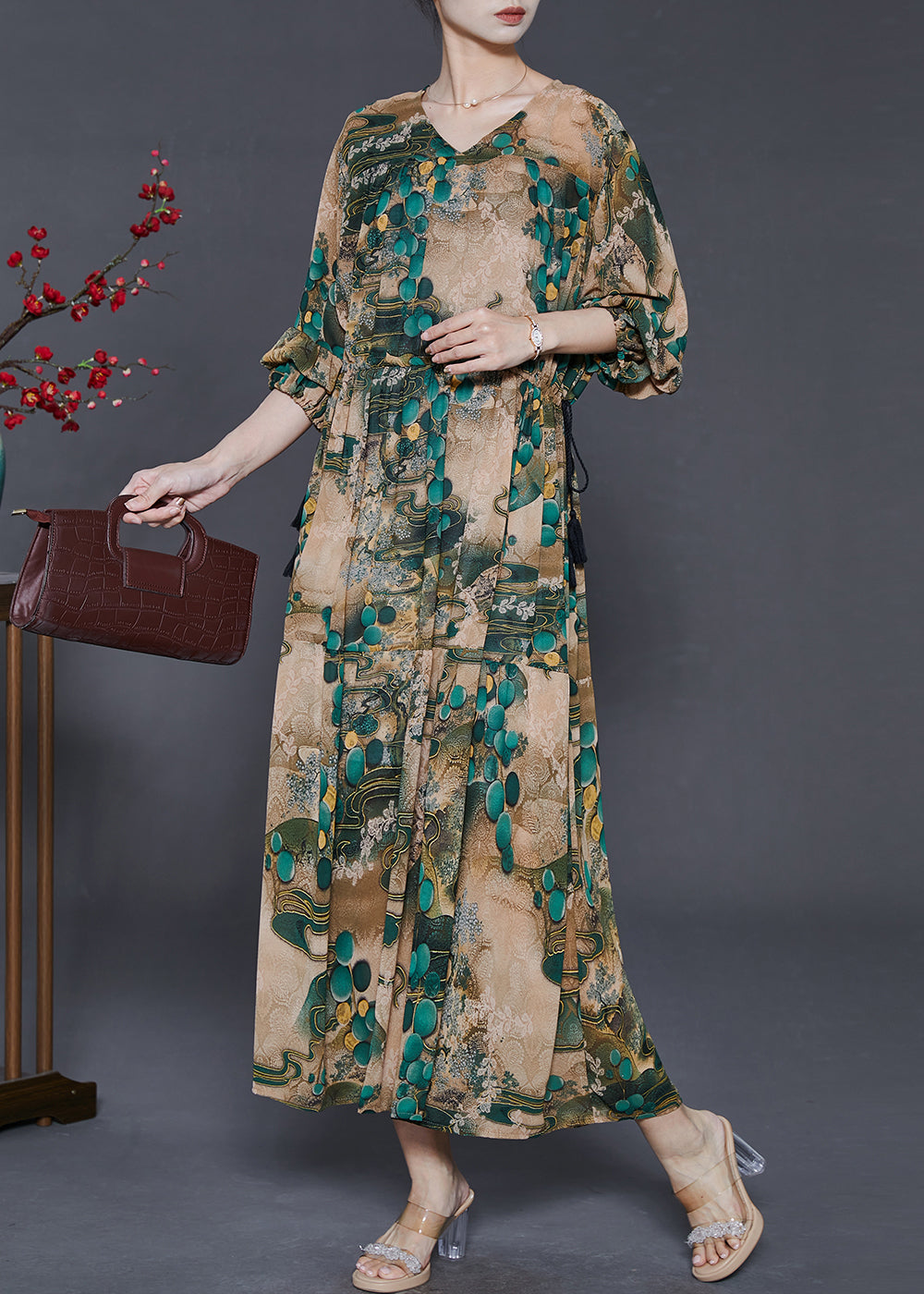 Green Cinched Print Chiffon Long Dress Fall