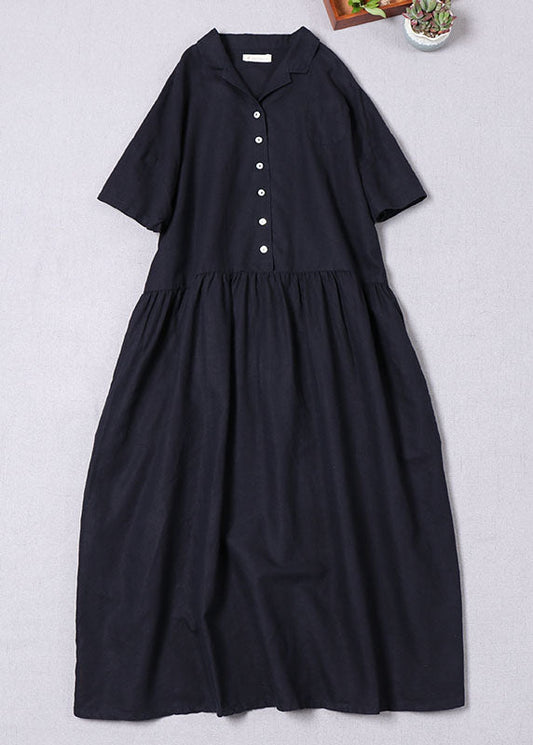 Navy Button Wrinkled Dresses Spring