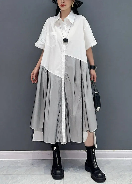 Summer Peter Pan Collar Wrinkled Patchwork Shirts Dress