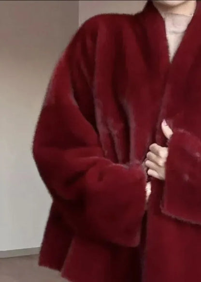 Red Warm Leather and Fur Coats V Neck Winter