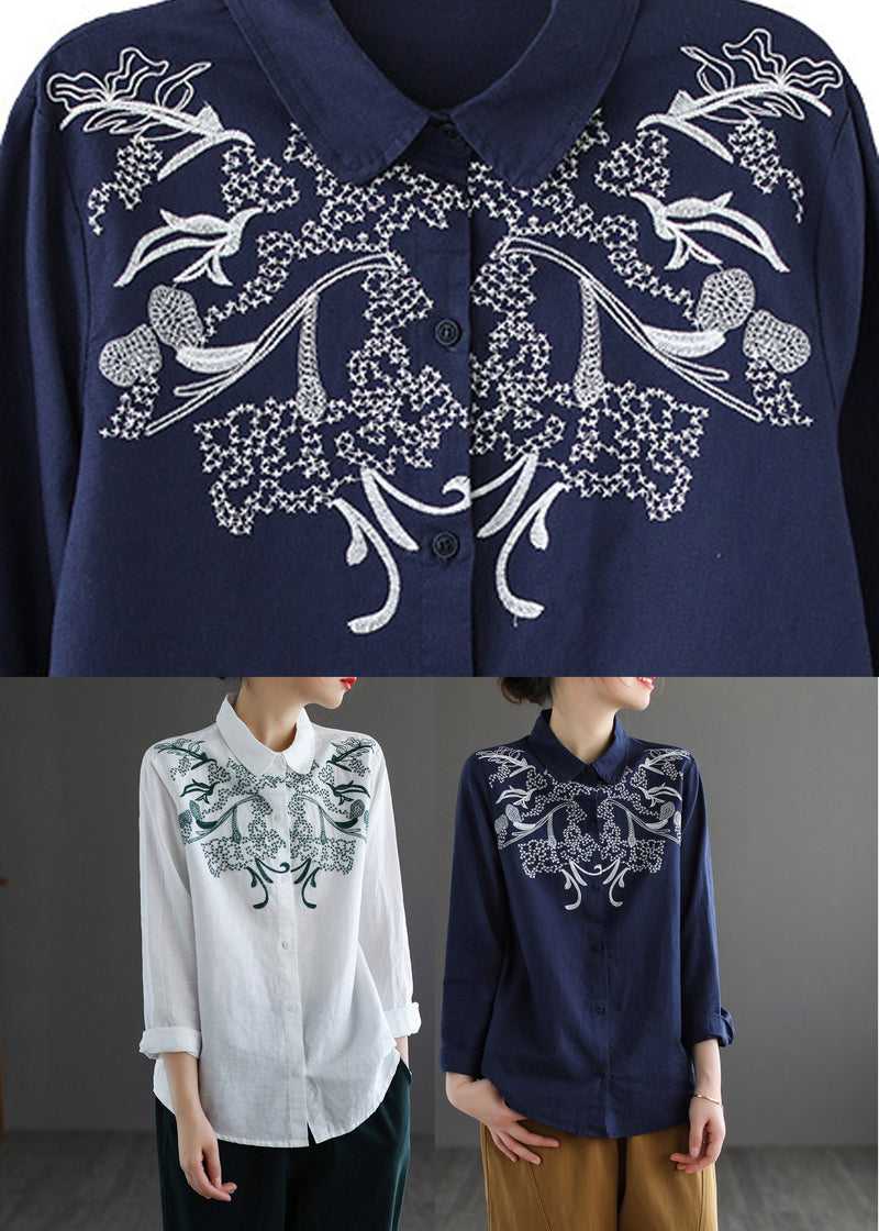 White Peter Pan Collar Embroideried Shirt Long Sleeve