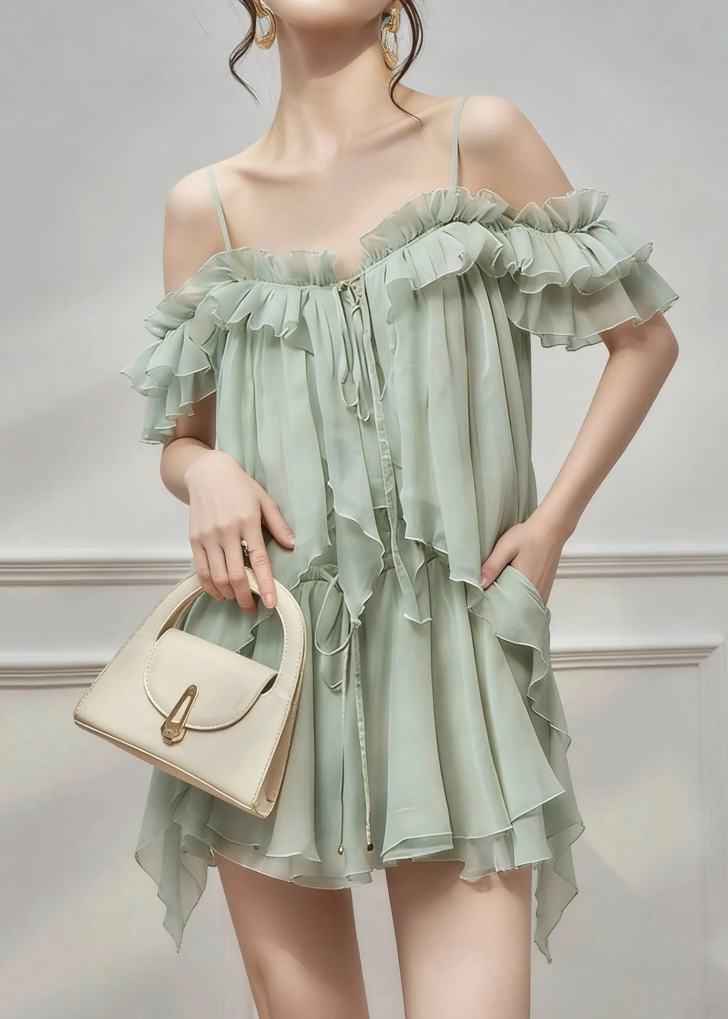 Natural Green Cold Shoulder Asymmetrical Chiffon Top and Skirts Two Pieces Set Sleeveless