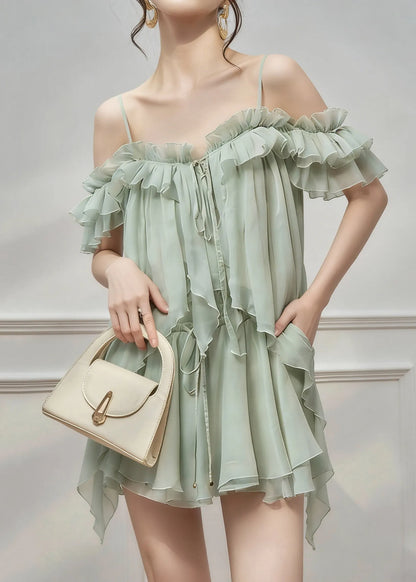 Natural Green Cold Shoulder Asymmetrical Chiffon Top and Skirts Two Pieces Set Sleeveless