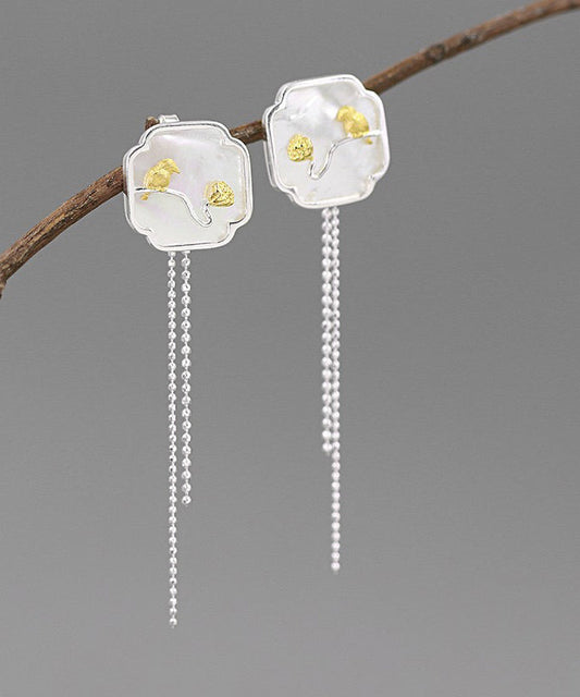 Art White Sterling Silver Shell Little Bird Tassel Drop Earrings