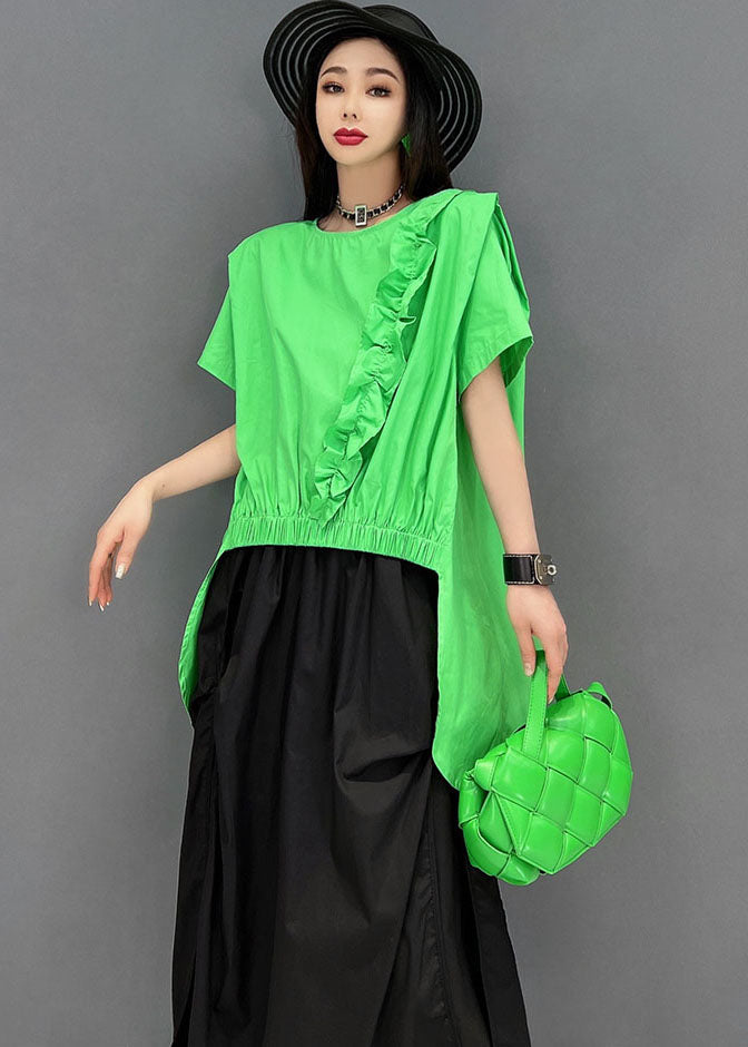 Green Asymmetrical Ruffled Patchwork Low High Design Two Piece Set Clothing Summer
