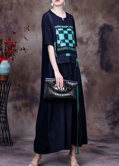 Black O-neck White Plaid Applique Oversized Cotton Sweatshirt Dresses Short Sleeve