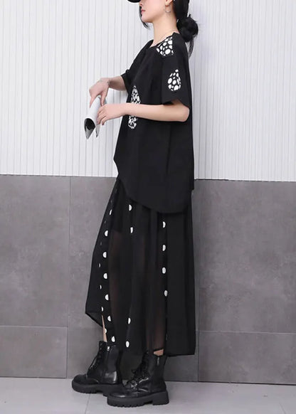 Novelty Black Print T Shirts and Tulle Maxi Skirts Two Pieces Set Summer