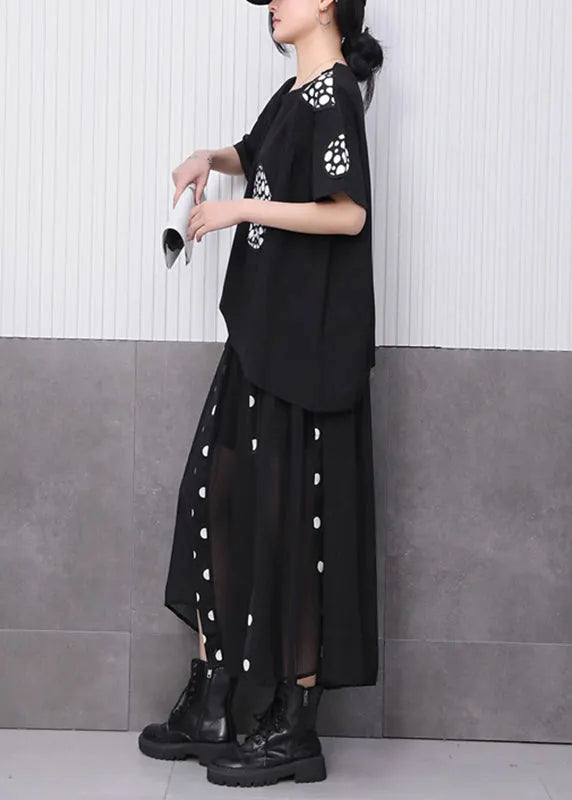 Novelty Black Print T Shirts and Tulle Maxi Skirts Two Pieces Set Summer