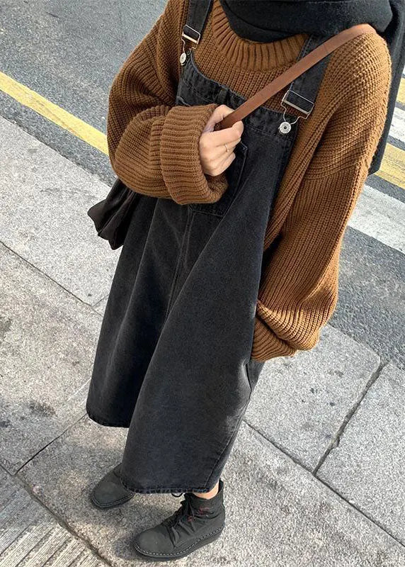 Black Slash Neck Patchwork Button Denim Long Dress Fall