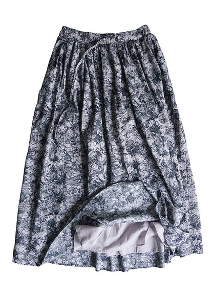 Grey Elastic Waist Drawstring Print Cotton Skirts Spring
